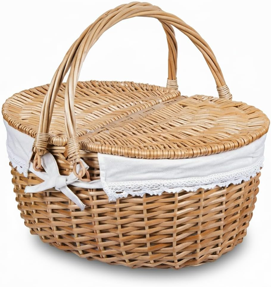 Large Wicker Picnic Basket with Lid and Handle Sturdy Woven Body with Washable Lining