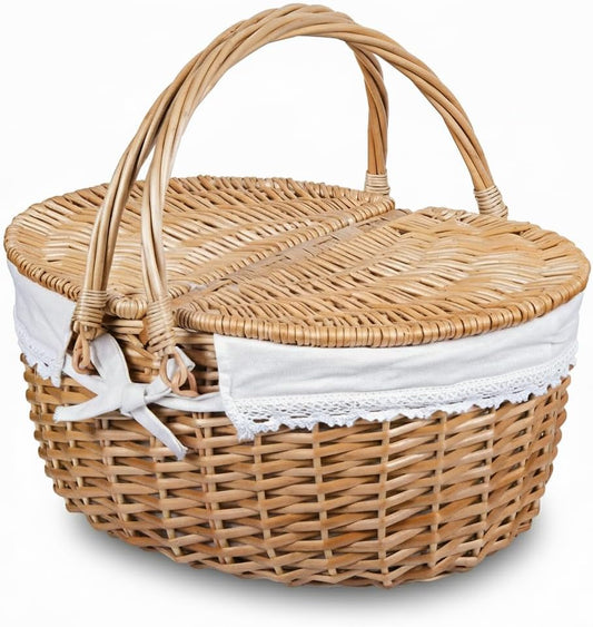 Large Wicker Picnic Basket with Lid and Handle Sturdy Woven Body with Washable Lining