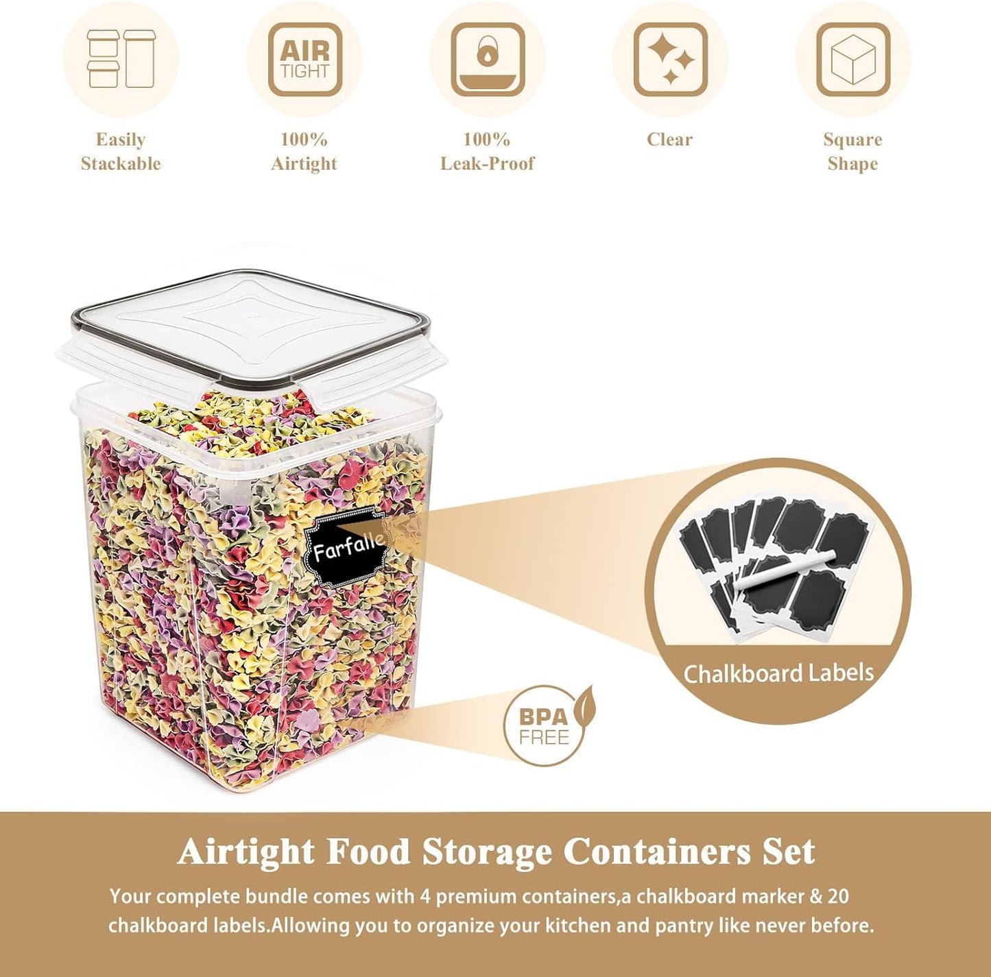 Large Food Storage Containers,  Airtight Cereal & Dry Food Storage Containers for Sugar, Flour, Snack, Baking Supplies, Leak-Proof with Black Locking Lids - Set of 4 (5.2L /175Oz)
