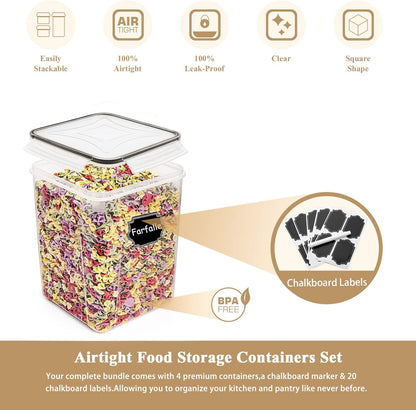 Large Food Storage Containers,  Airtight Cereal & Dry Food Storage Containers for Sugar, Flour, Snack, Baking Supplies, Leak-Proof with Black Locking Lids - Set of 4 (5.2L /175Oz)