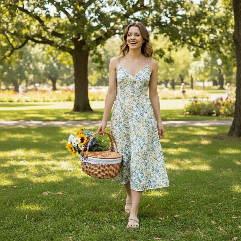 Large Wicker Picnic Basket with Lid and Handle Sturdy Woven Body with Washable Lining