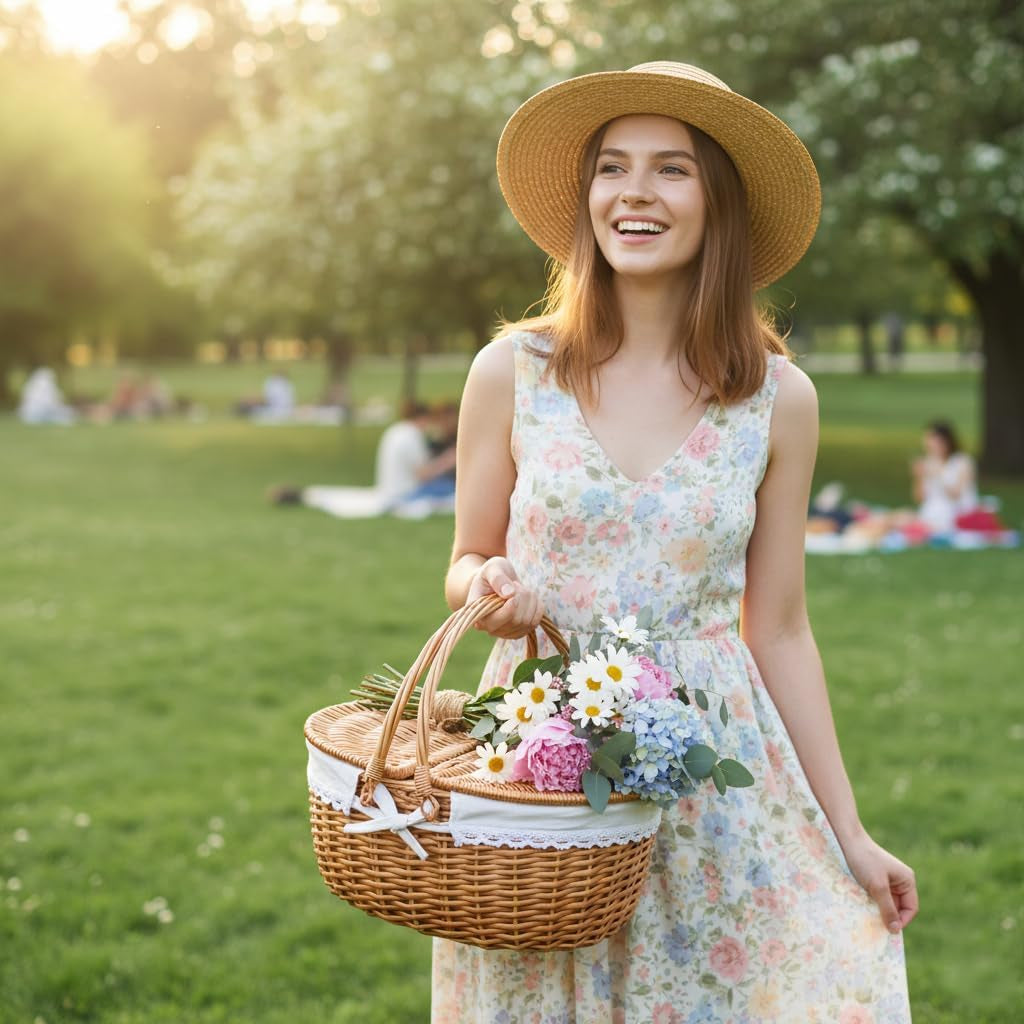 Large Wicker Picnic Basket with Lid and Handle Sturdy Woven Body with Washable Lining