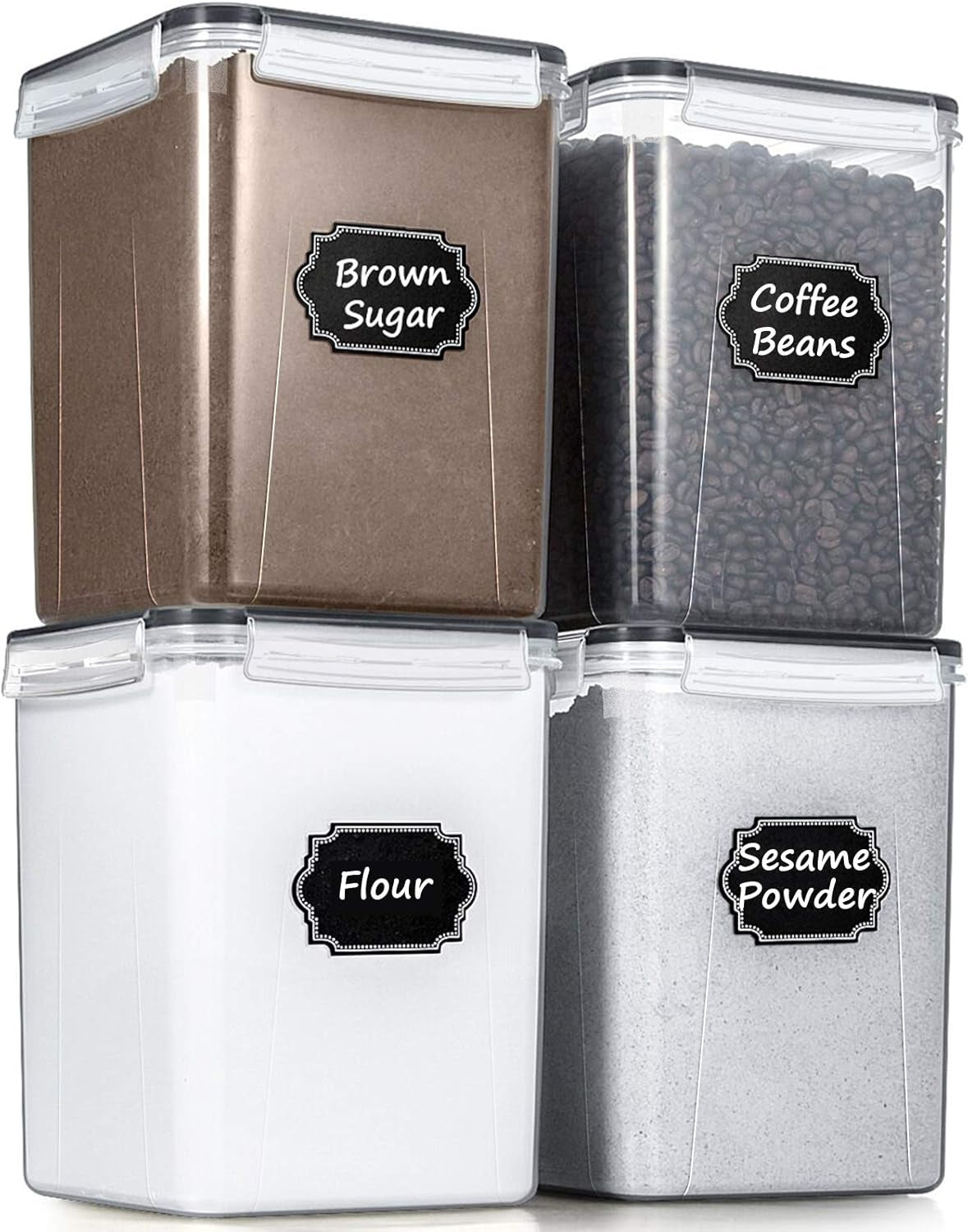 Large Food Storage Containers,  Airtight Cereal & Dry Food Storage Containers for Sugar, Flour, Snack, Baking Supplies, Leak-Proof with Black Locking Lids - Set of 4 (5.2L /175Oz)