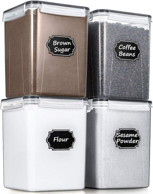 Large Food Storage Containers,  Airtight Cereal & Dry Food Storage Containers for Sugar, Flour, Snack, Baking Supplies, Leak-Proof with Black Locking Lids - Set of 4 (5.2L /175Oz)