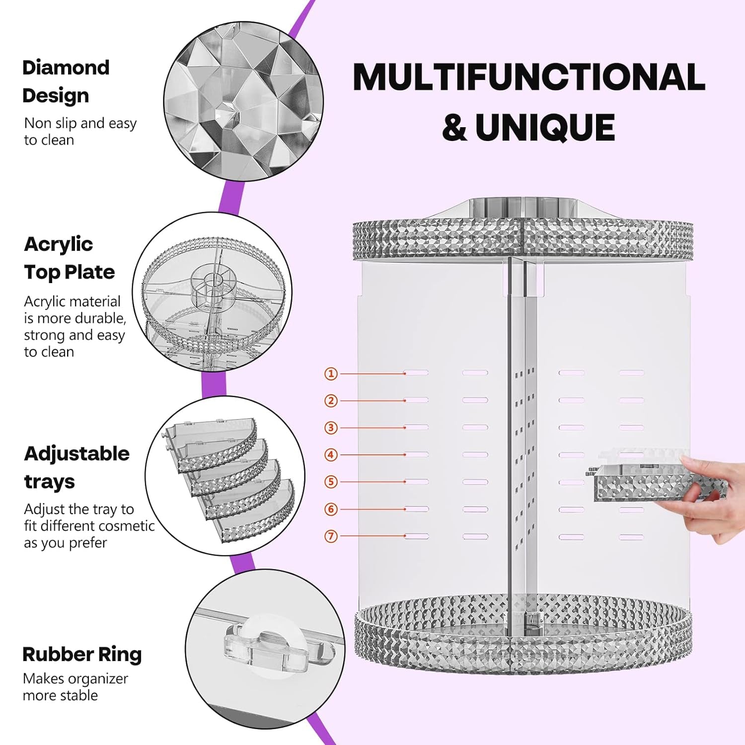 Rotating Makeup Organizer 360 Degree, 7 Layers Adjustable Storage for Cosmetics,Perfume,Plus Size, Large Capacity Cosmetic Storage Organizer Best for Bathroom,Countertop and Vanity, Gray