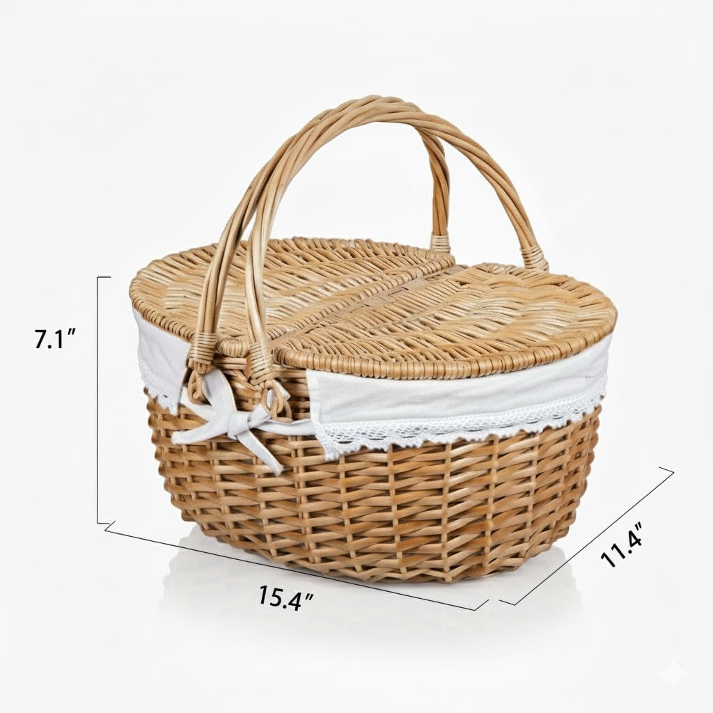 Large Wicker Picnic Basket with Lid and Handle Sturdy Woven Body with Washable Lining