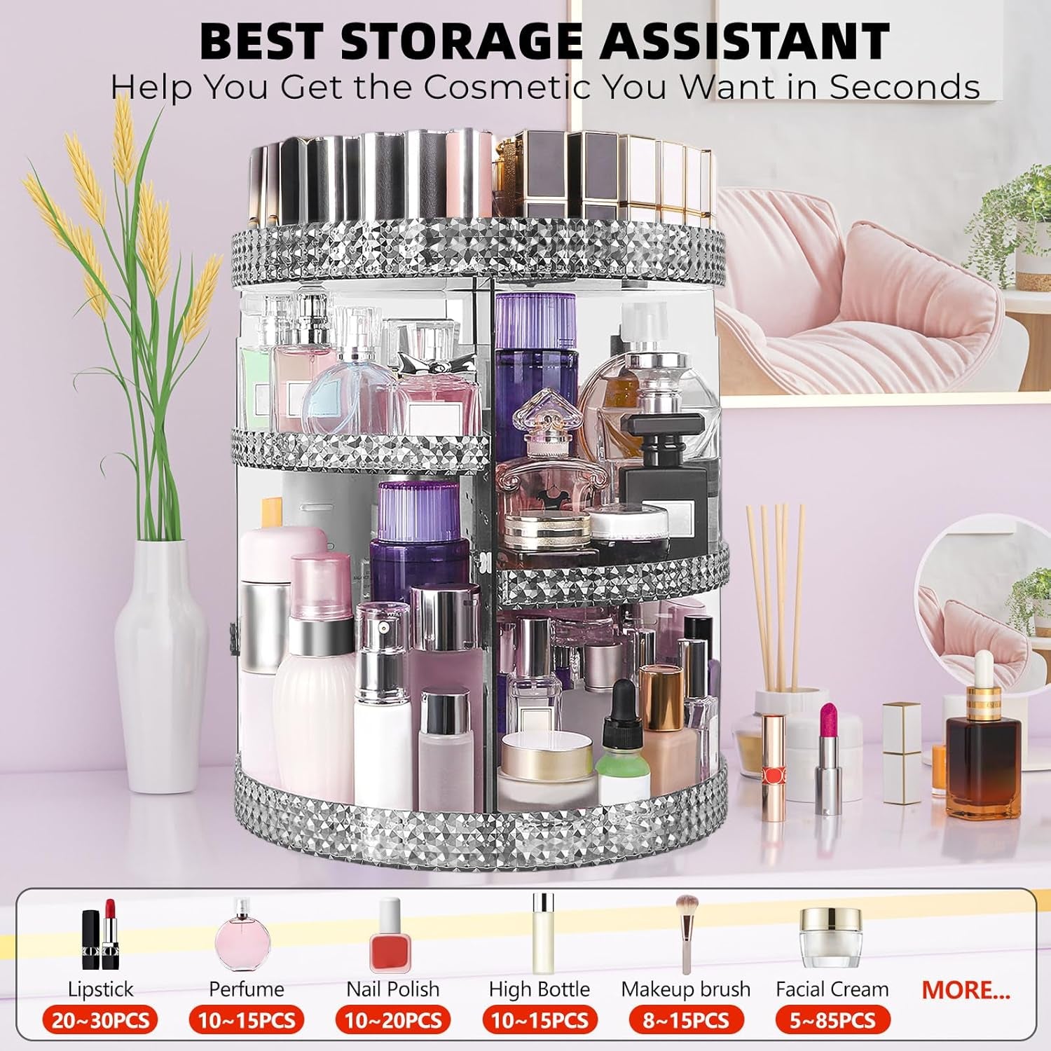 Rotating Makeup Organizer 360 Degree, 7 Layers Adjustable Storage for Cosmetics,Perfume,Plus Size, Large Capacity Cosmetic Storage Organizer Best for Bathroom,Countertop and Vanity, Gray