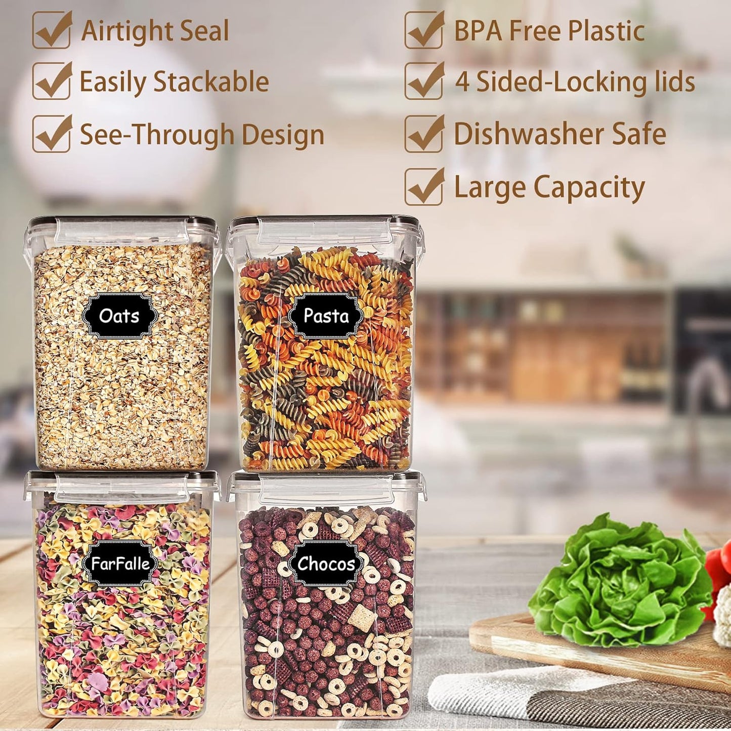 Large Food Storage Containers,  Airtight Cereal & Dry Food Storage Containers for Sugar, Flour, Snack, Baking Supplies, Leak-Proof with Black Locking Lids - Set of 4 (5.2L /175Oz)